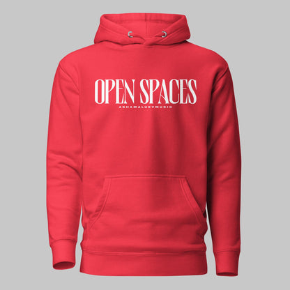 Team red unisex pullover premium hoodie with white text 'OPEN SPACES' and 'AShamaluevMusic' on a gray background.