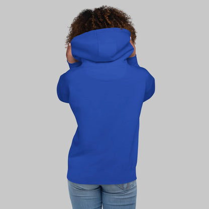 Woman wearing a blue hoodie from behind on a white background