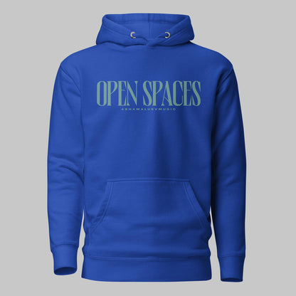Team royal unisex premium hoodie with turquoise text 'Open Spaces' and 'AShamaluevMusic' on a gray background