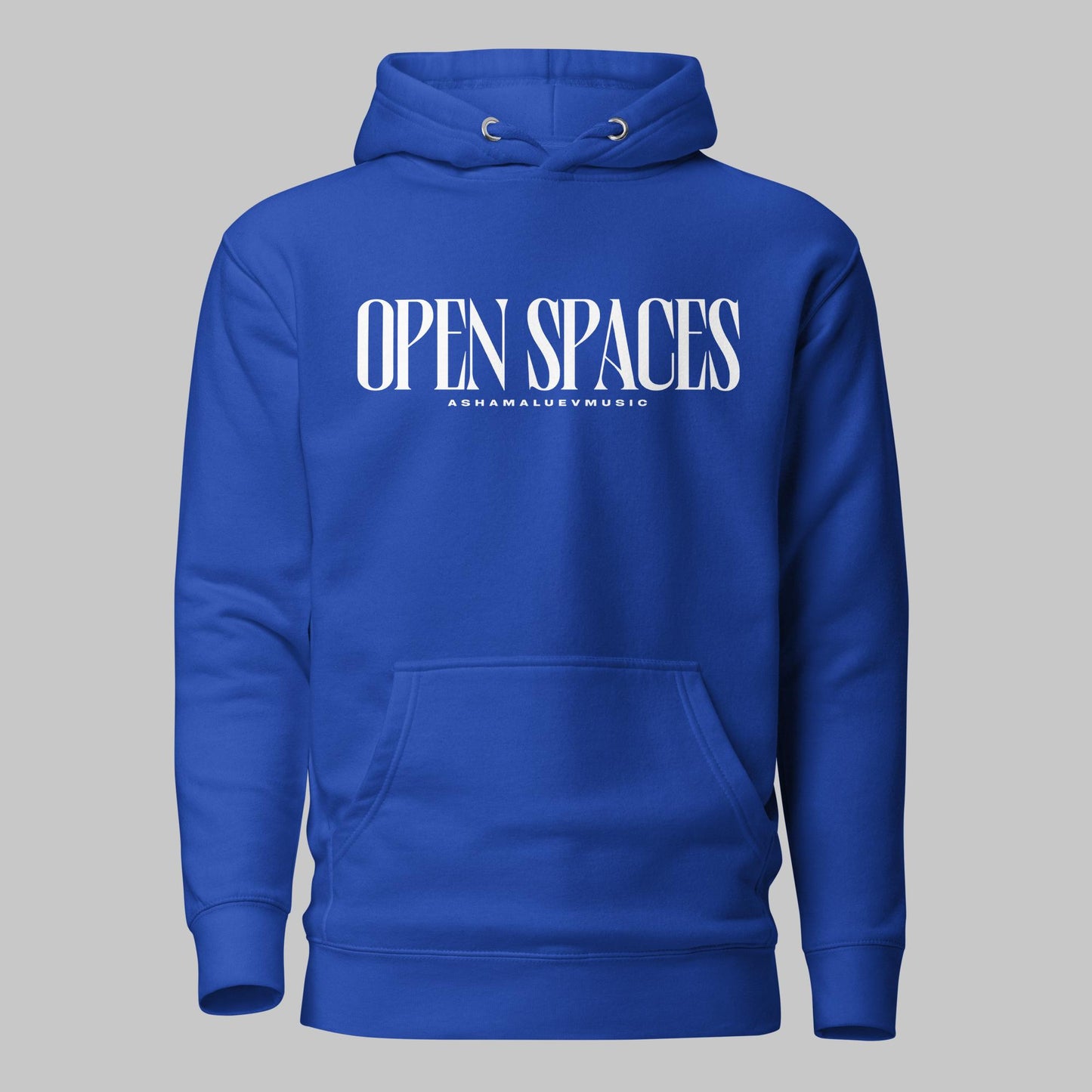 Team royal unisex pullover premium hoodie with white text 'OPEN SPACES' and 'AShamaluevMusic' on a gray background.