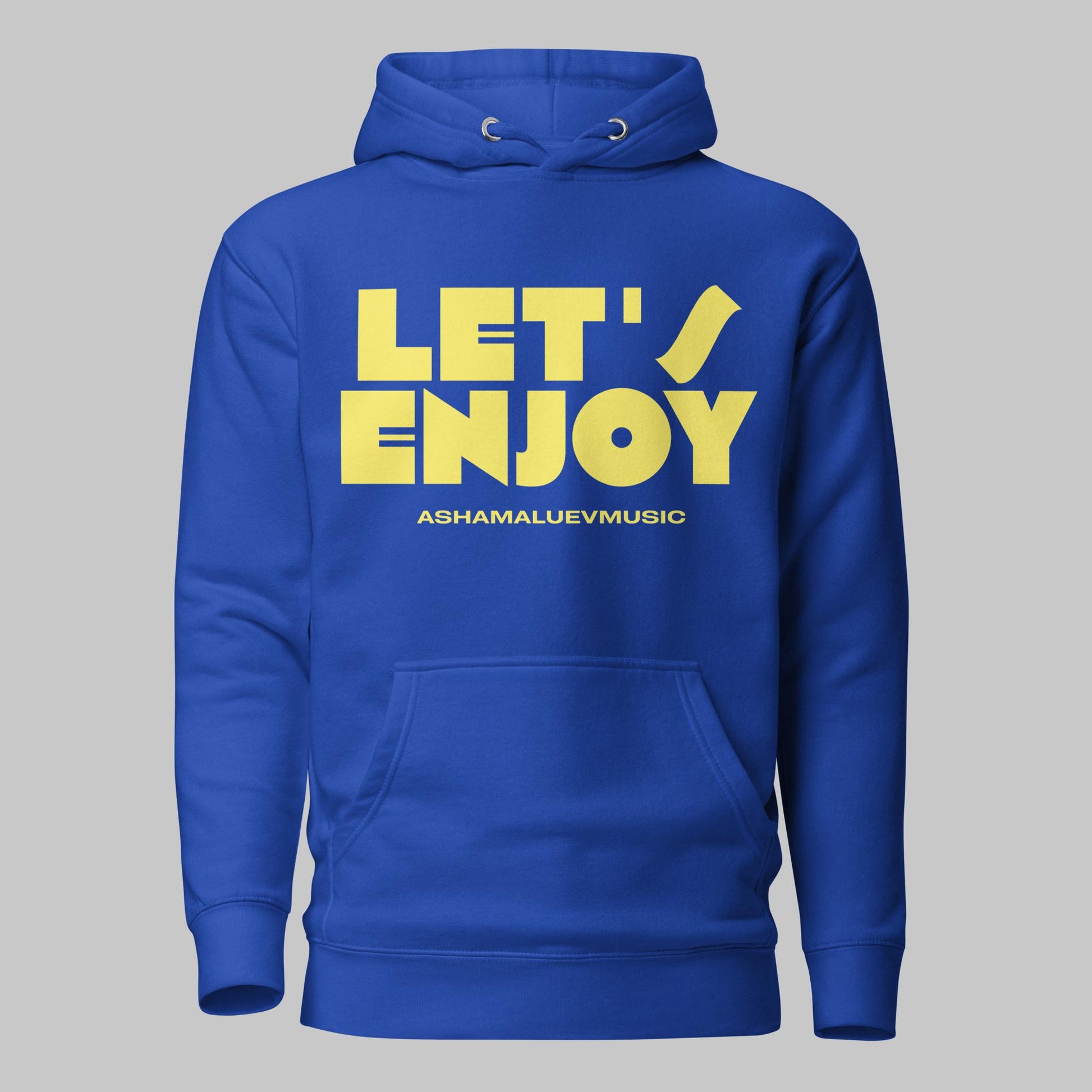 Team royal unisex pullover hoodie with yellow text 'LET'S ENJOY' and 'ASHAMALUEVMUSIC' on a gray background.