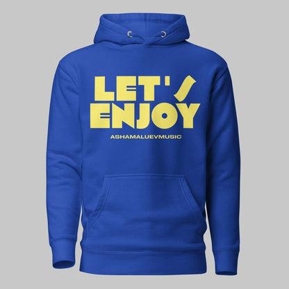  Team royal unisex pullover hoodie with yellow text 'LET'S ENJOY' and 'ASHAMALUEVMUSIC' on a gray background.