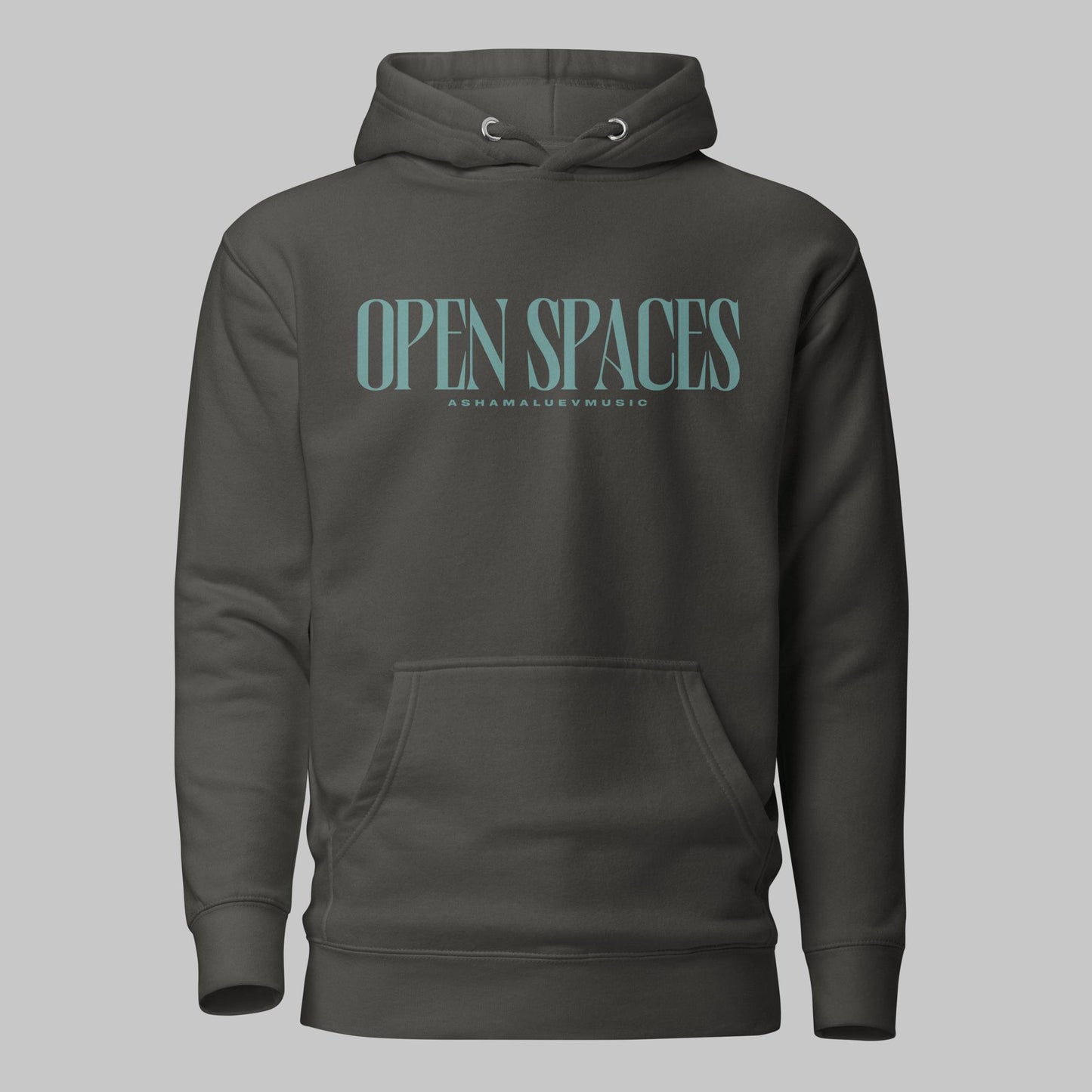 Vintage black unisex premium hoodie with turquoise text 'Open Spaces' and 'AShamaluevMusic' on a gray background
