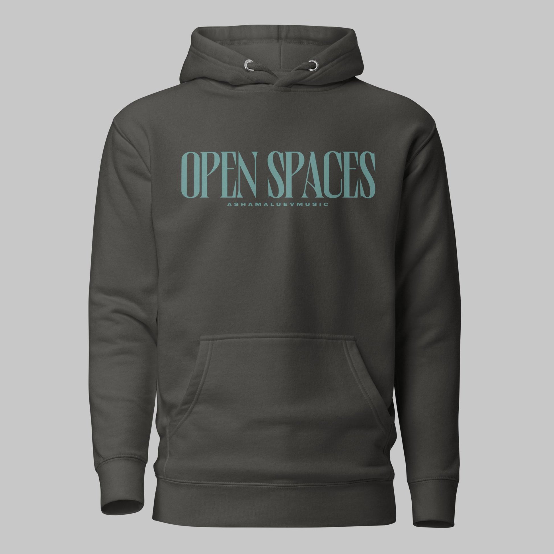 Vintage black unisex premium hoodie with turquoise text 'Open Spaces' and 'AShamaluevMusic' on a gray background