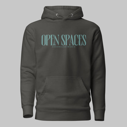 Vintage black unisex premium hoodie with turquoise text 'Open Spaces' and 'AShamaluevMusic' on a gray background