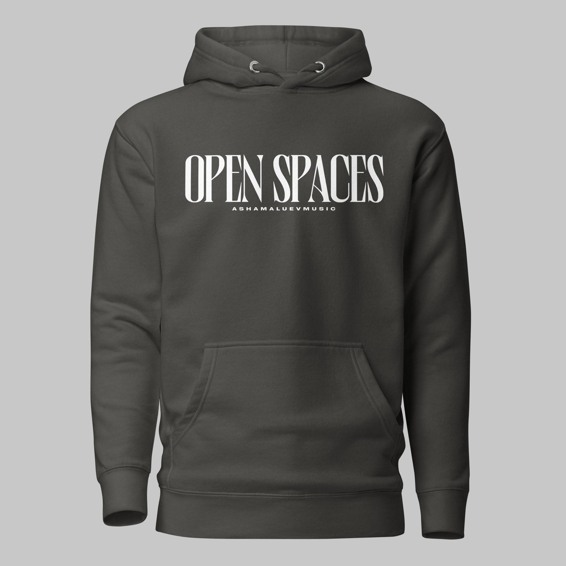 Vintage black unisex pullover premium hoodie with white text 'OPEN SPACES' and 'AShamaluevMusic' on a gray background.