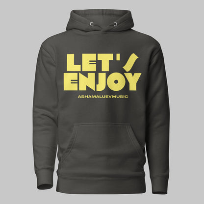 Vintage black unisex pullover hoodie with yellow text 'LET'S ENJOY' and 'ASHAMALUEVMUSIC' on a gray background.