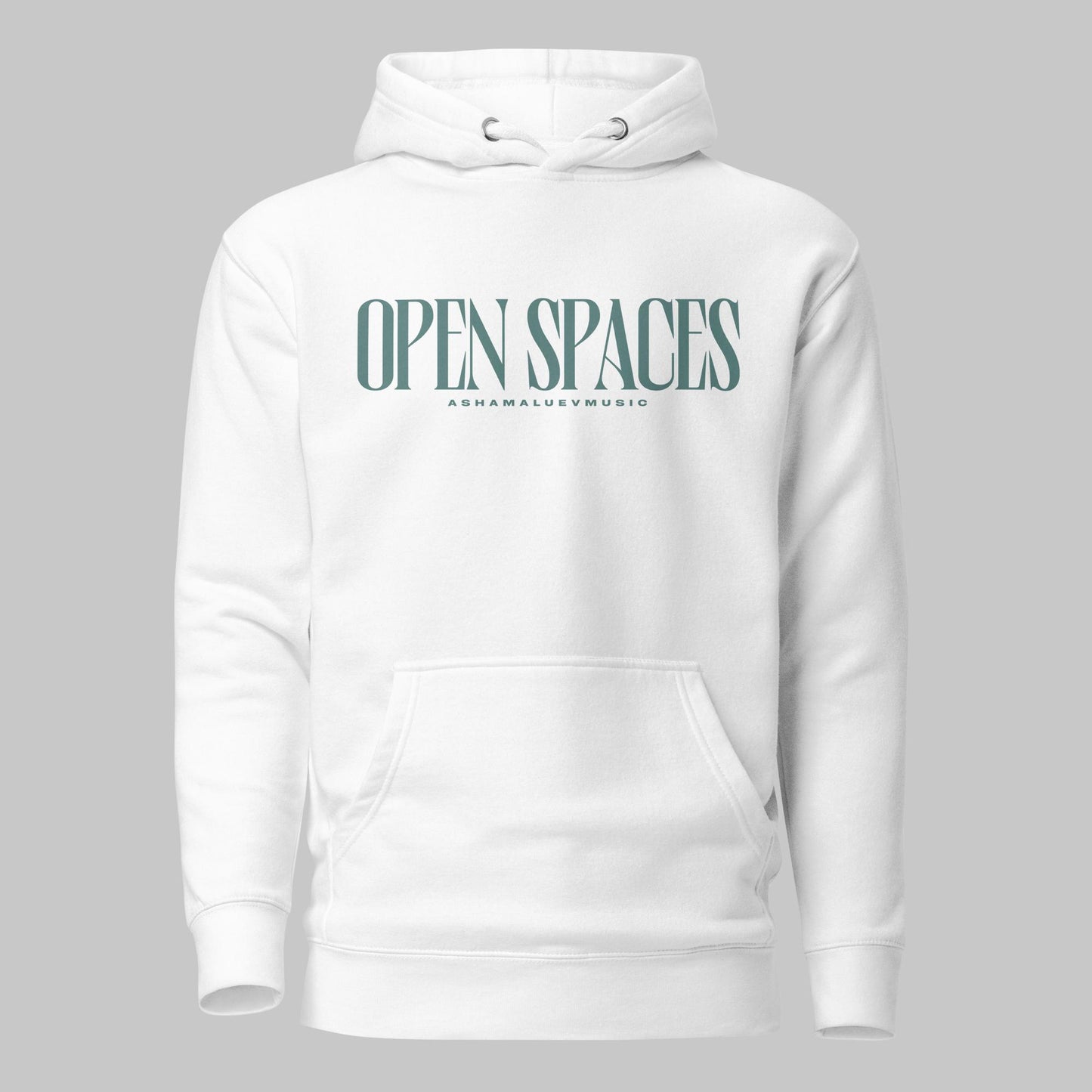 White unisex premium hoodie with turquoise text 'Open Spaces' and 'AShamaluevMusic' on a gray background