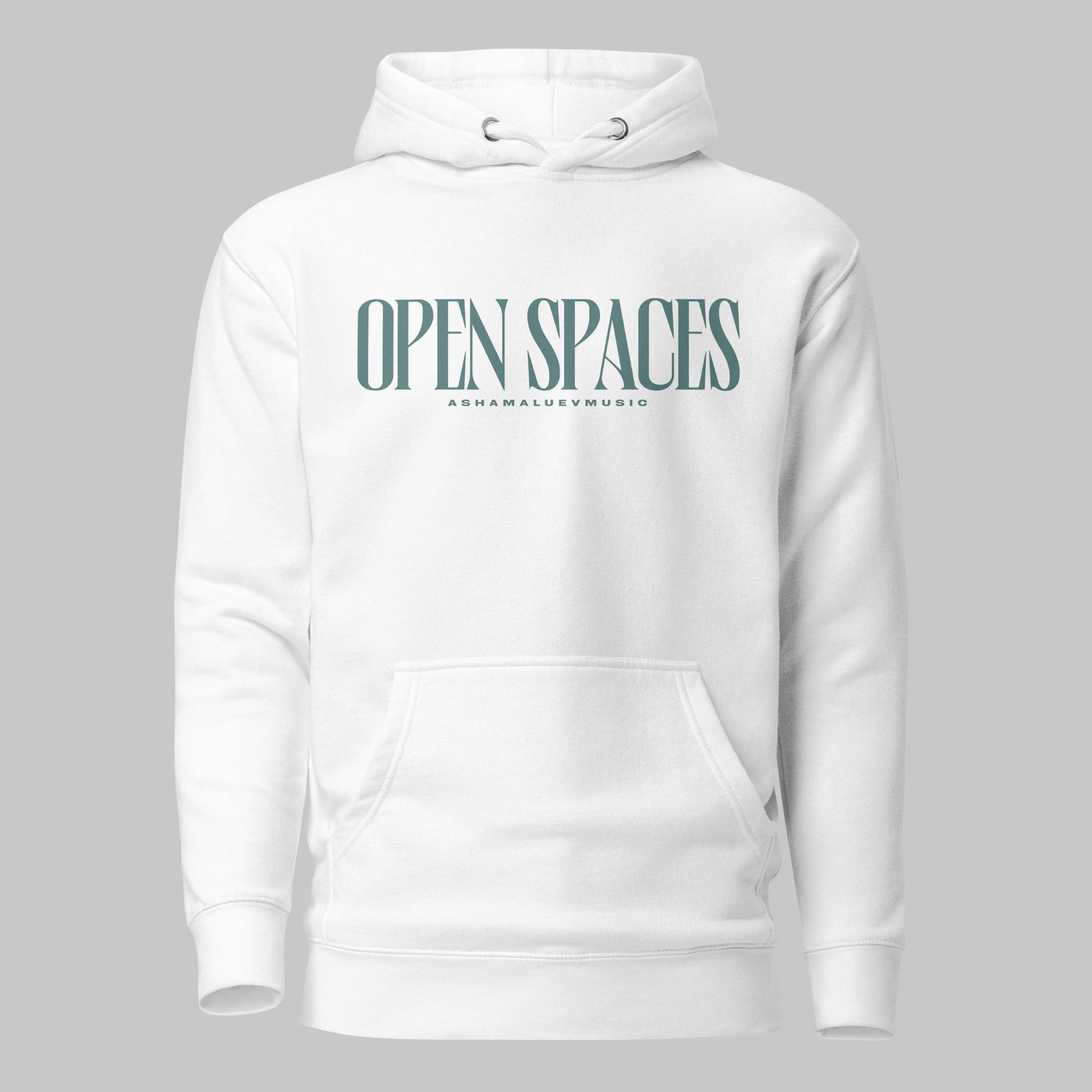 White unisex premium hoodie with turquoise text 'Open Spaces' and 'AShamaluevMusic' on a gray background