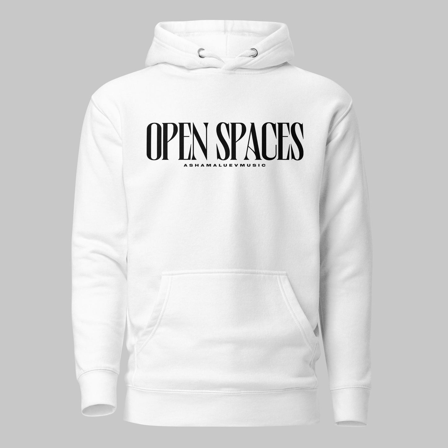 White unisex pullover premium hoodie with black text 'OPEN SPACES' and 'AShamaluevMusic' on a gray background.