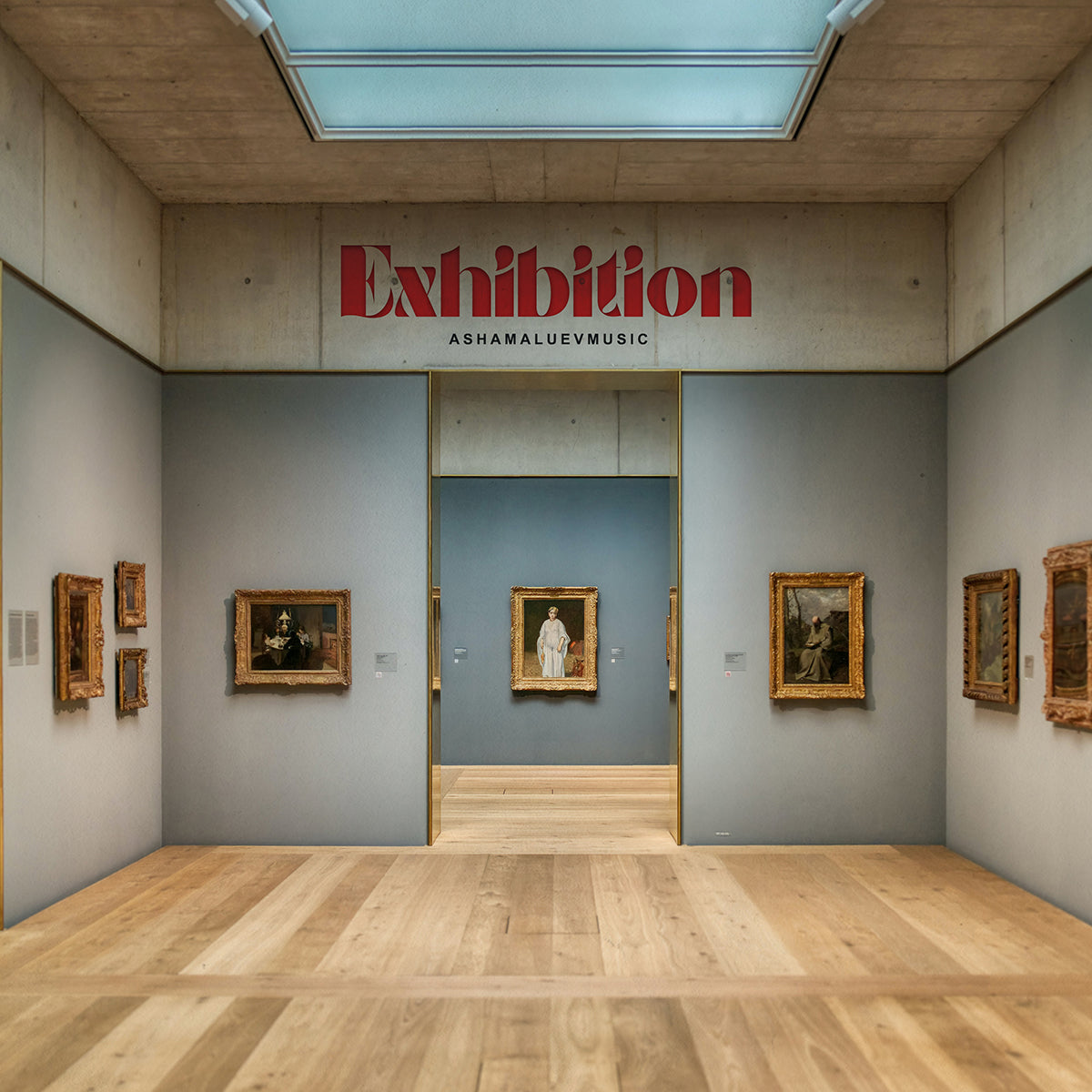 Cover art of the music track 'Exhibition' by AShamaluevMusic, which shows the art gallery with framed paintings on gray walls.