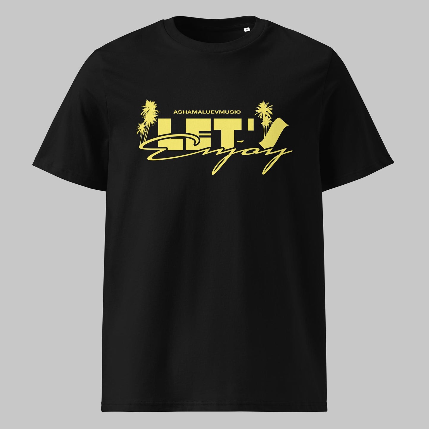Black t-shirt with yellow graphics 'Let's Enjoy' and AShamaluevMusic logo on a gray background