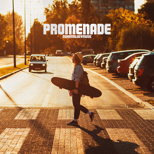 Cover art of the music track 'Promenade' by AShamaluevMusic, which shows the woman walking with a skateboard on a street