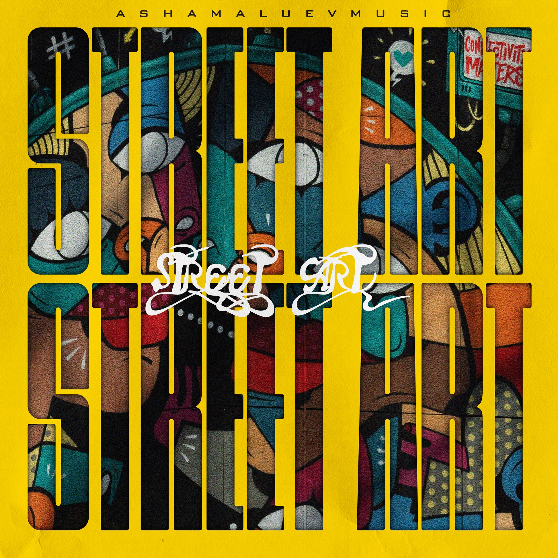 Cover art of the music track 'Street Art' by AShamaluevMusic, which shows the abstract designs and text on a yellow background.