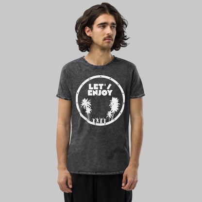Person wearing a black denim t-shirt with 'Let's Enjoy' graphic design on a grey background