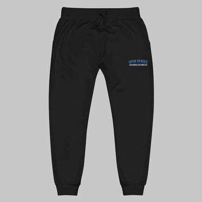 Black sweatpants with 'Open Spaces' and 'AShamaluevMusic' embroidered on a gray background