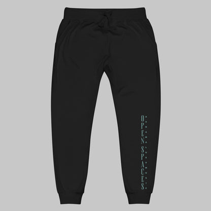 Black unisex fleece sweatpants with turquoise text 'Open Spaces' and 'AShamaluevMusic' on a gray background.