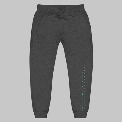 charcoal heather unisex fleece sweatpants with turquoise text 'Open Spaces' and 'AShamaluevMusic' on a gray background.