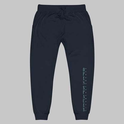 Navy blazer unisex fleece sweatpants with turquoise text 'Open Spaces' and 'AShamaluevMusic' on a gray background.