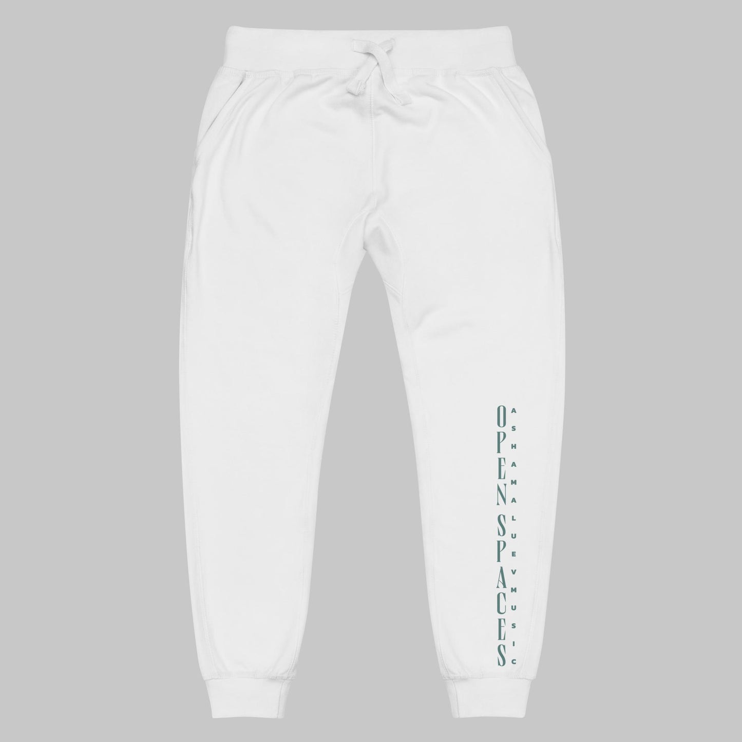 White unisex fleece sweatpants with turquoise text 'Open Spaces' and 'AShamaluevMusic' on a gray background.