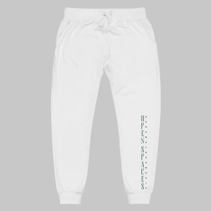 White unisex fleece sweatpants with turquoise text 'Open Spaces' and 'AShamaluevMusic' on a gray background.