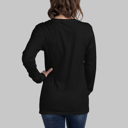 Black long-sleeve shirt worn by a person on a grey background
