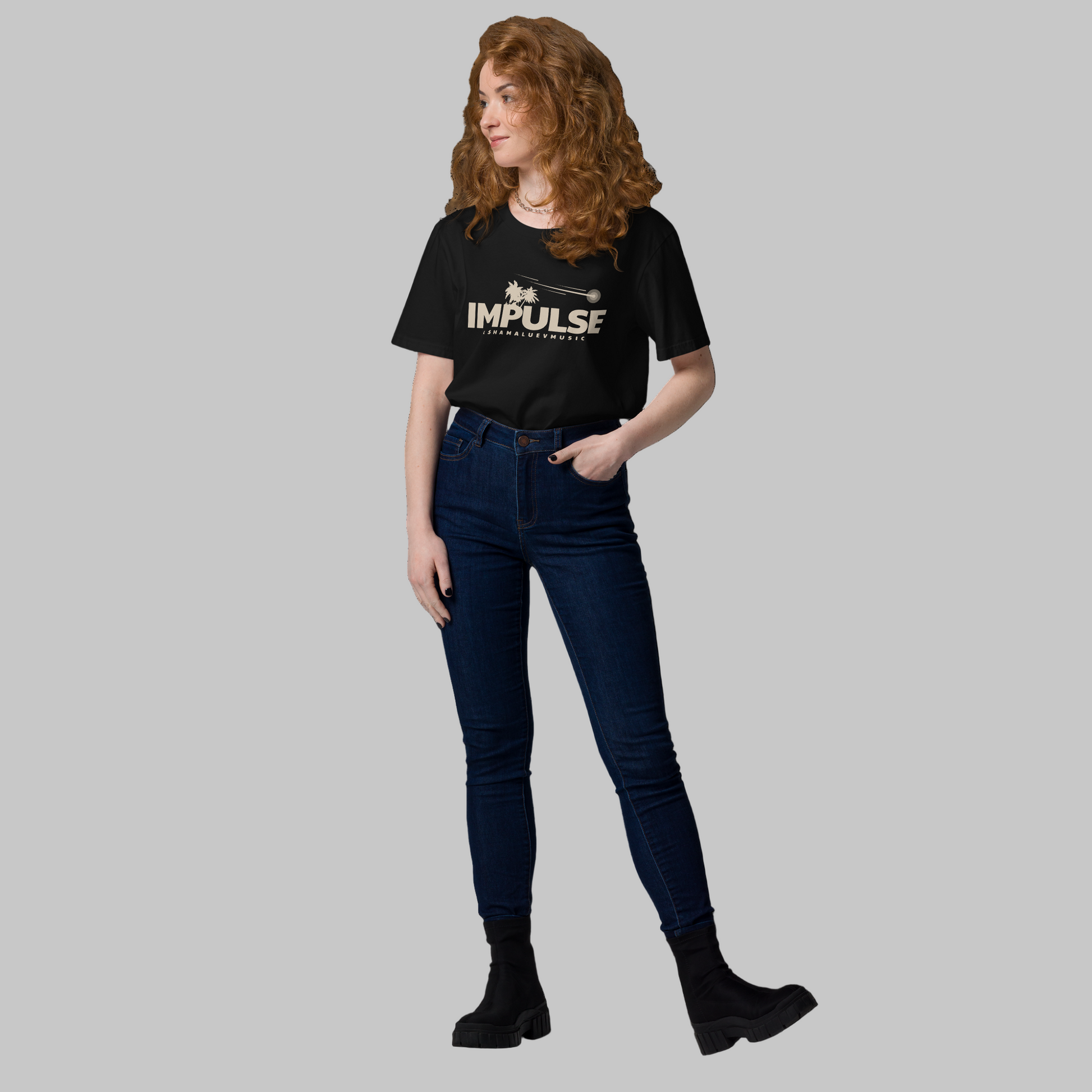 Woman wearing a black t-shirt with 'IMPULSE' and AShamaluevMusic logo on a grey background