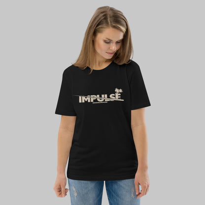Woman wearing a black t-shirt with text 'IMPULSE' and AShamaluevMusic logo on a grey background