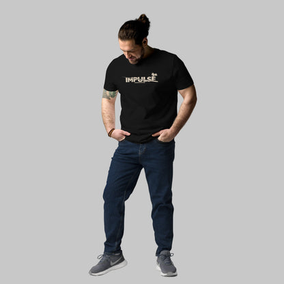 Man wearing a black t-shirt with text 'IMPULSE' and AShamaluevMusic logo on a grey background