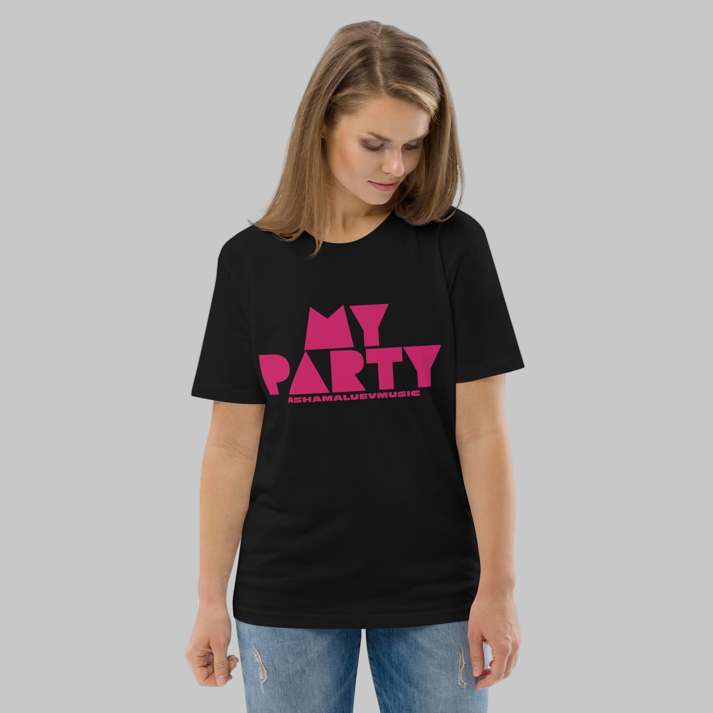 Woman wearing a black organic cotton t-shirt with 'My Party' print and AShamaluevMusic logo on a grey background