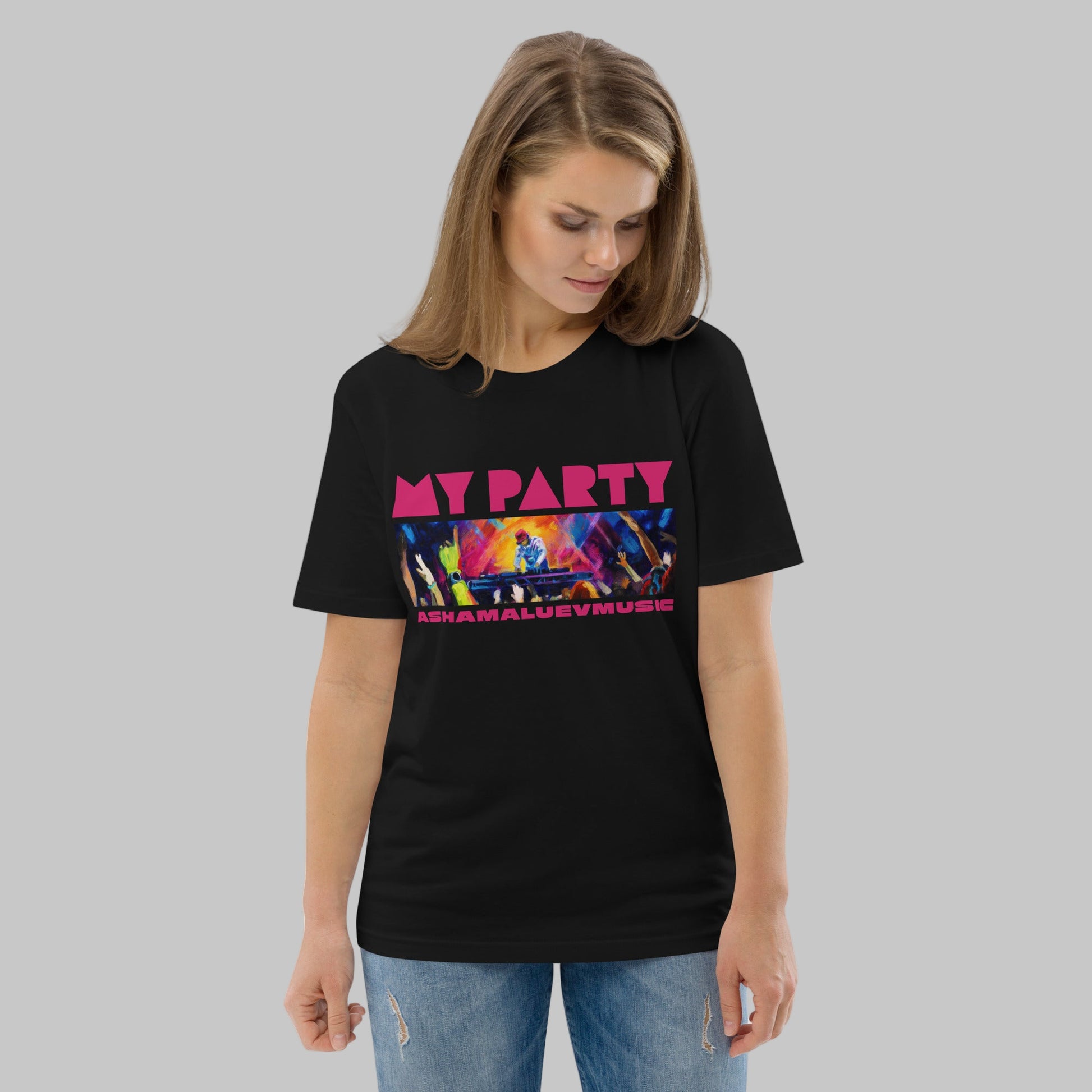 Woman wearing a black organic cotton t-shirt with 'My Party' print and AShamaluevMusic logo on a grey background