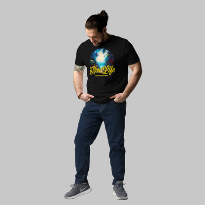 Man wearing a black organic cotton t-shirt with 'New Life' print and AShamaluevMusic logo on a light grey background