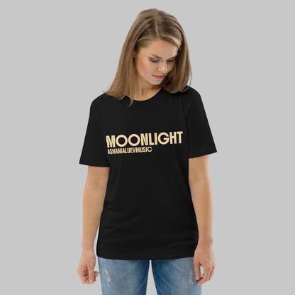 Woman wearing a black organic cotton t-shirt with 'Moonlight' print and AShamaluevMusic logo on a light grey background