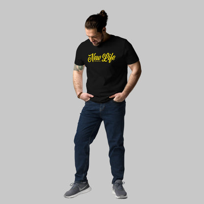 Man wearing a black organic cotton t-shirt with 'New Life' print and AShamaluevMusic logo in yellow text on a grey background