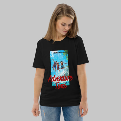 Woman wearing a black t-shirt with 'Adventure Time' graphic design and AShamaluevMusic logo on a grey background.