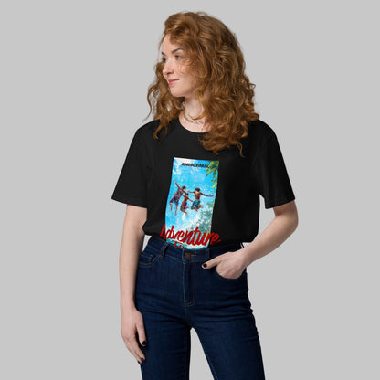 Woman wearing a black t-shirt with 'Adventure Time' graphic design and AShamaluevMusic logo on a grey background.