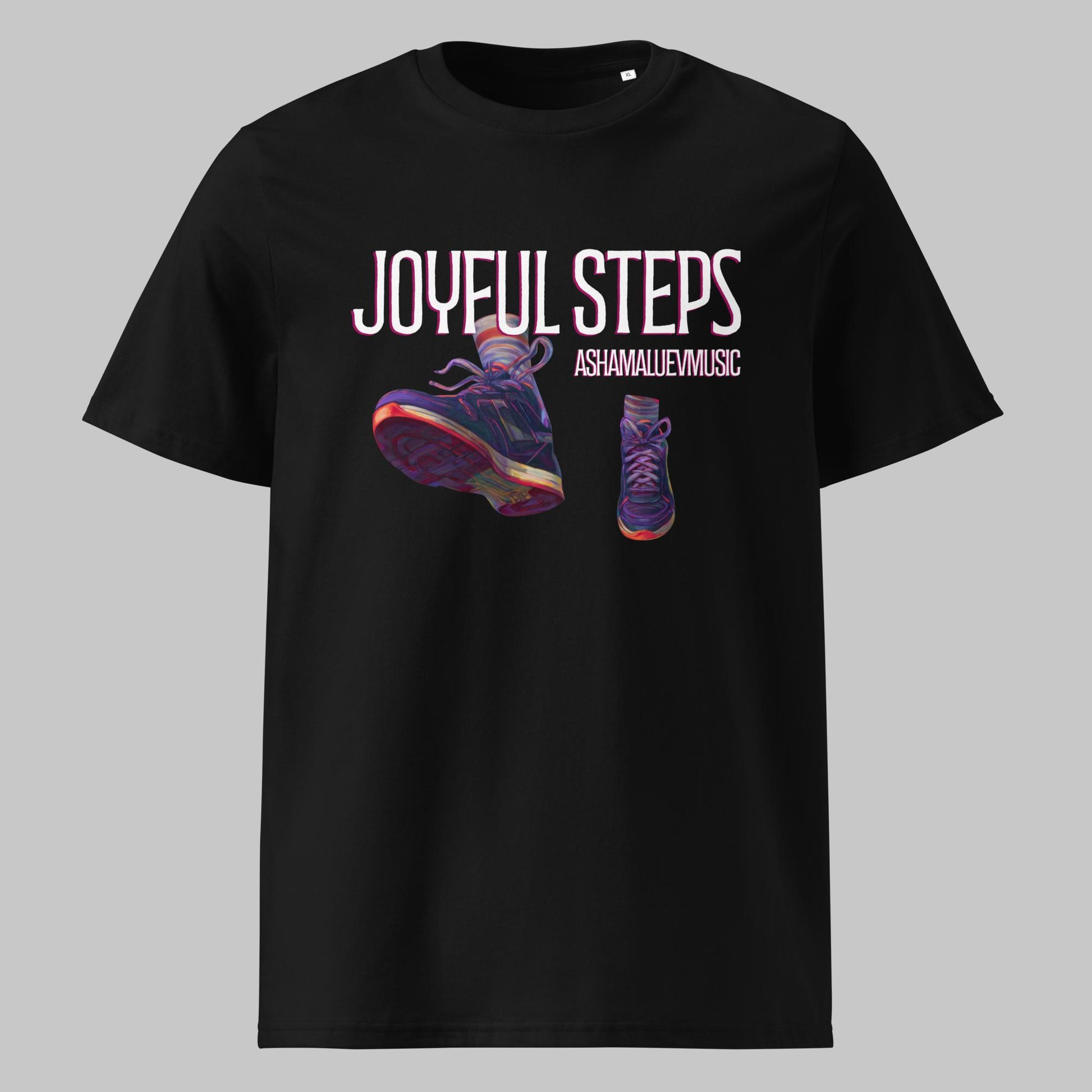 Black t-shirt with 'Joyful Steps' and 'AshamalievMusic' logo and shoe graphics on a gray background