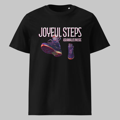 Black t-shirt with 'Joyful Steps' and 'AshamalievMusic' logo and shoe graphics on a gray background