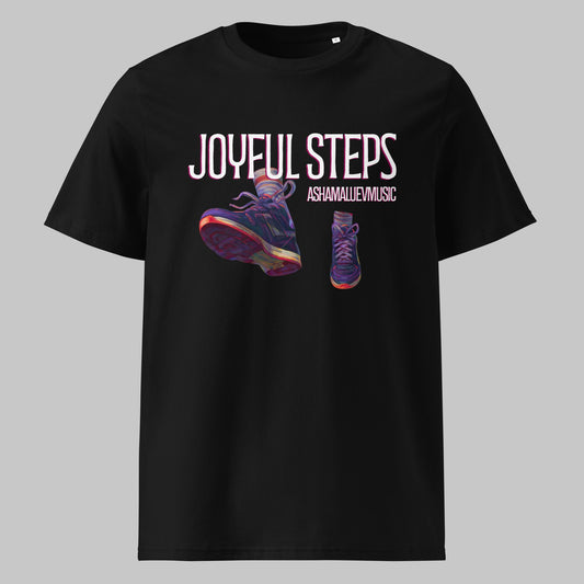 Black t-shirt with 'Joyful Steps' and 'AshamalievMusic' logo and shoe graphics on a gray background