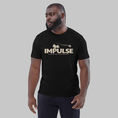 Man wearing a black t-shirt with text 'IMPULSE' and AShamaluevMusic logo on a grey background