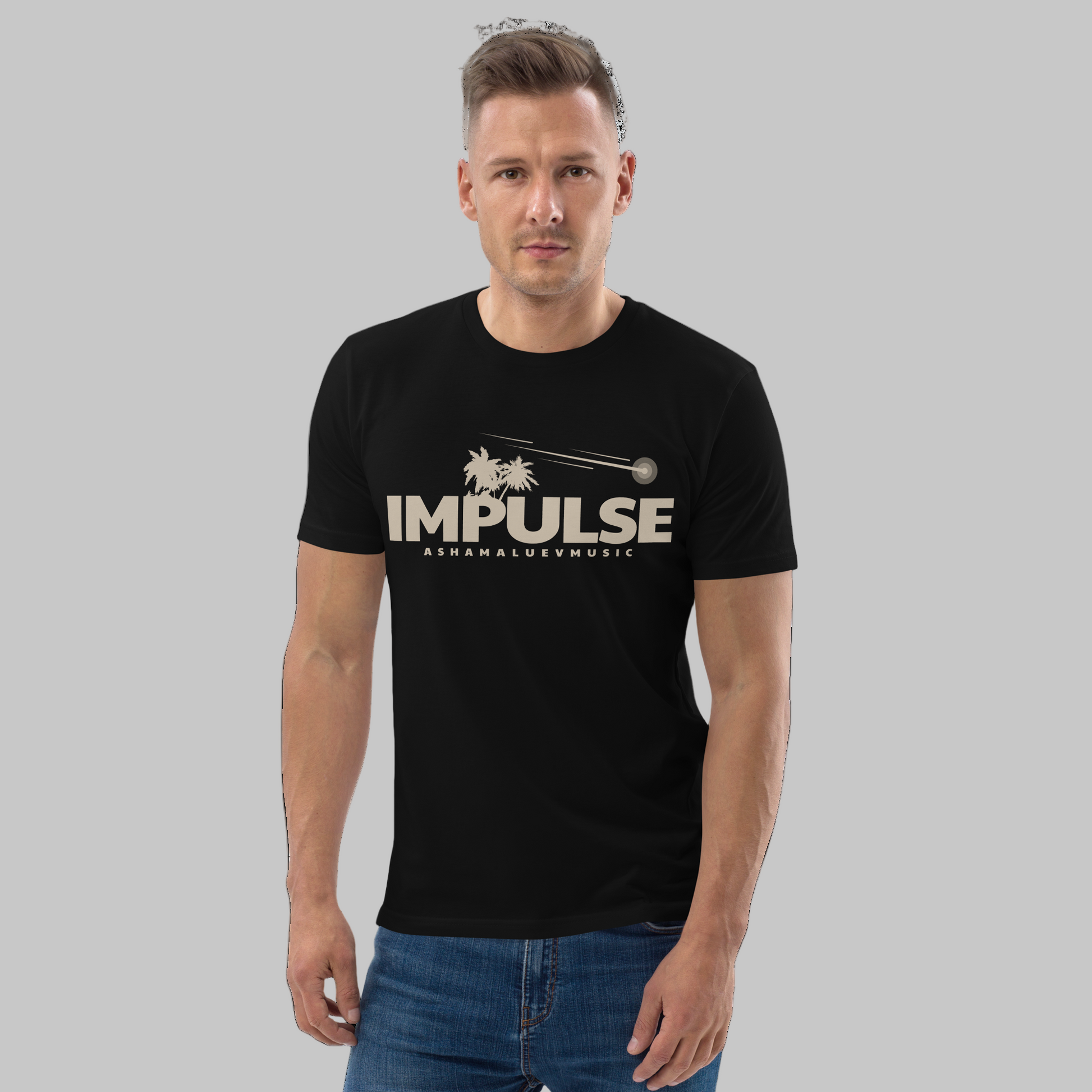 Man wearing a black t-shirt with text 'IMPULSE' and AShamaluevMusic logo on a grey background