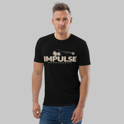 Man wearing a black t-shirt with text 'IMPULSE' and AShamaluevMusic logo on a grey background