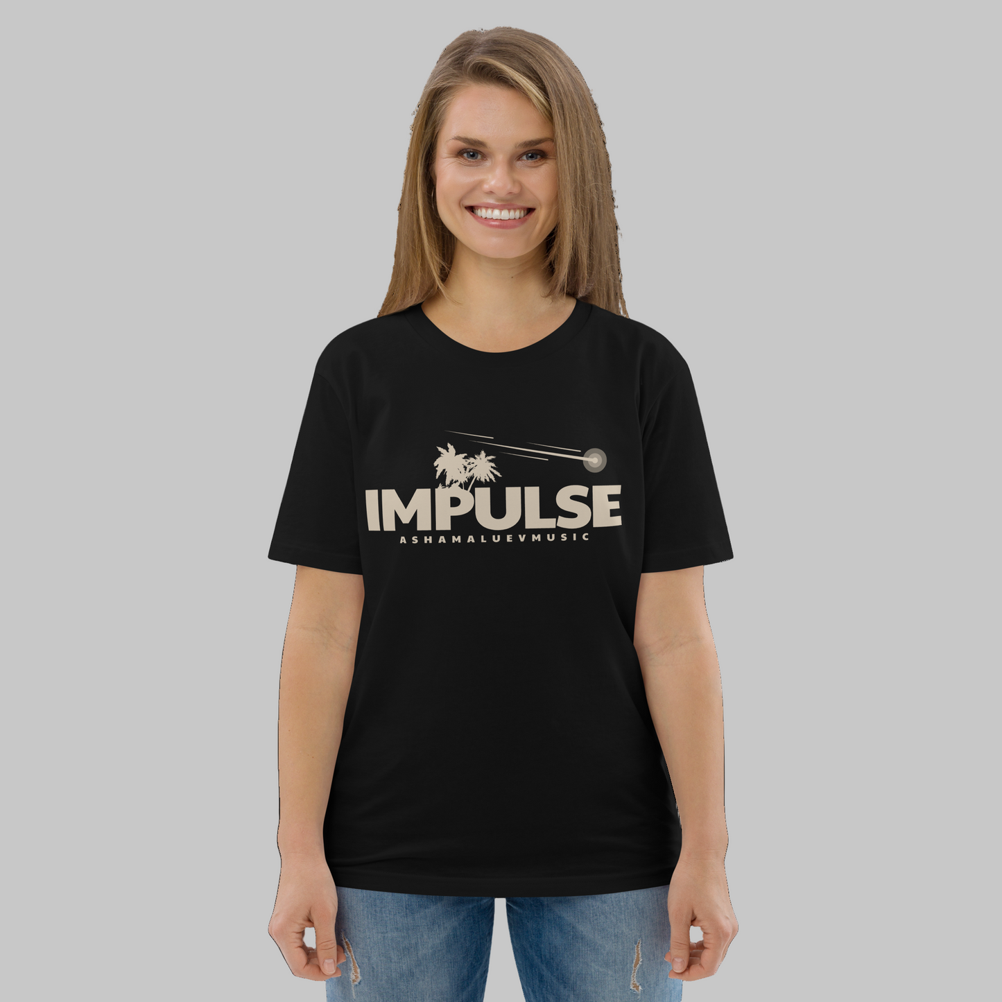 Woman wearing a black t-shirt with 'IMPULSE' logo on a grey background