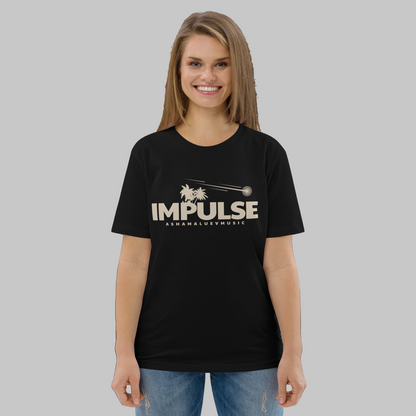 Woman wearing a black t-shirt with 'IMPULSE' logo on a grey background