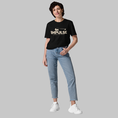 Woman wearing a black t-shirt with 'IMPULSE' and AShamaluevMusic logo on a grey background