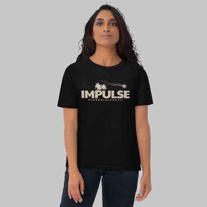 Woman wearing a black t-shirt with 'IMPULSE' and AShamaluevMusic logo on a grey background
