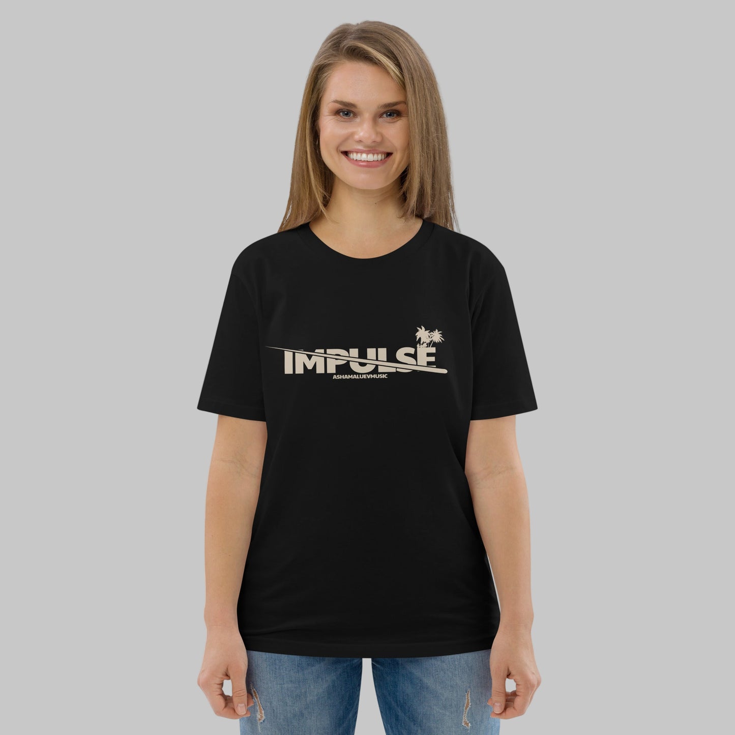 Woman wearing a black t-shirt with text 'IMPULSE' and AShamaluevMusic logo on a grey background