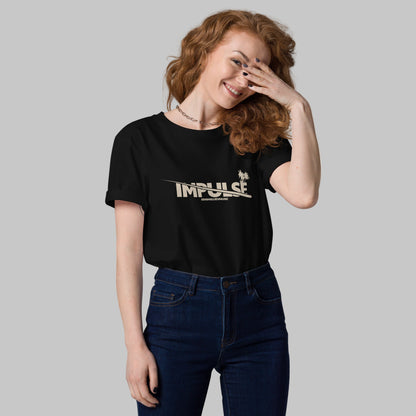 Woman wearing a black t-shirt with text 'IMPULSE' and AShamaluevMusic logo on a grey background