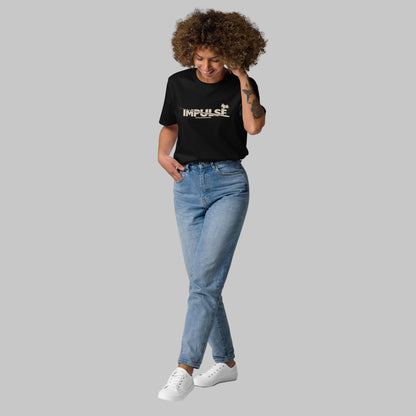 Woman wearing a black t-shirt with text 'IMPULSE' and AShamaluevMusic logo on a grey background