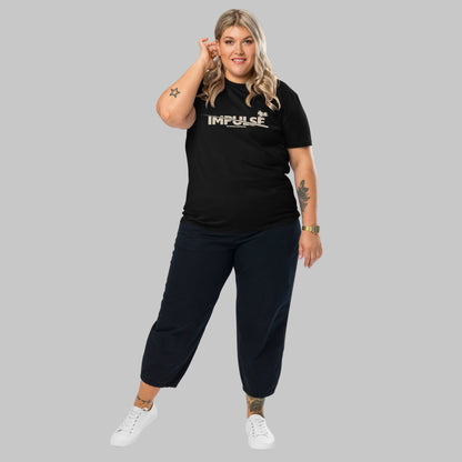 Woman wearing a black t-shirt with text 'IMPULSE' and AShamaluevMusic logo on a grey background